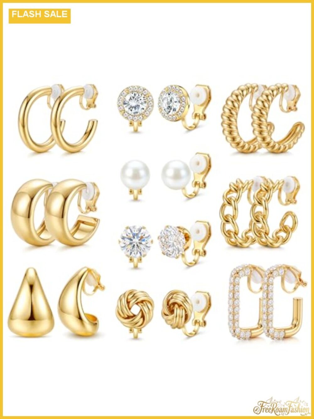10 Pairs Clip On Earrings Women Non Pierced 14K Gold Plated Hypoallergenic Set